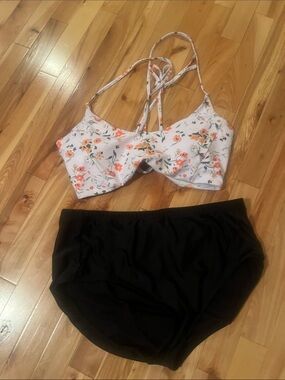 Xersion White Floral Bikini Top with Black High-Waist Bottoms